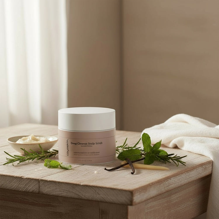 a photo of the hair and scalp strengthening oil in a wooden shel in a bathroom