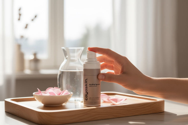 a woman hand's with the hydra serum on a wooden tray 